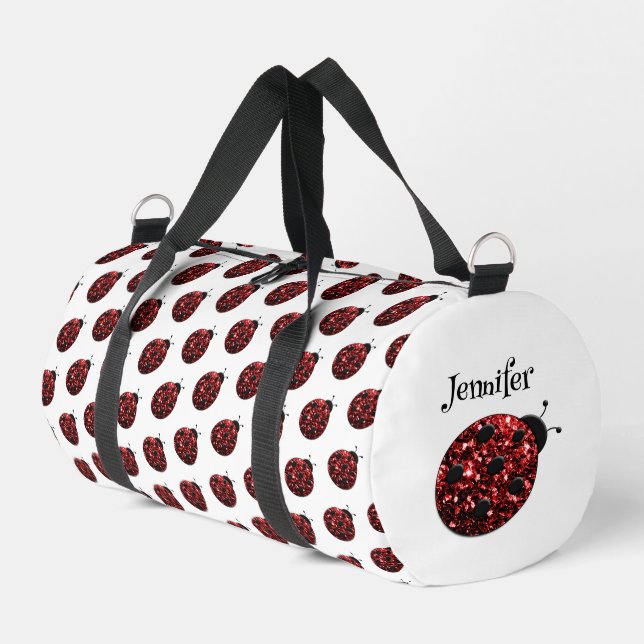 Ladybug Glitzern - Weißer individuelle Name Duffle Bag (Linke Seite)
