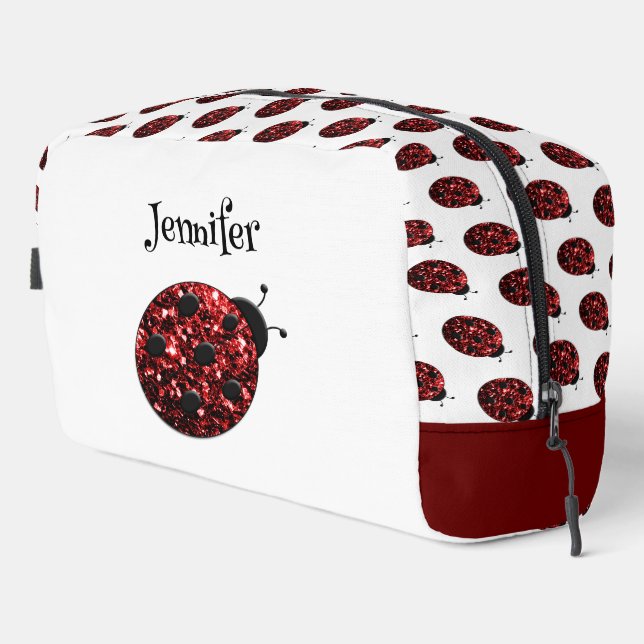 Ladybug Glitzern - Weißer individuelle Name Waschbeutel (Rechte Ecke)