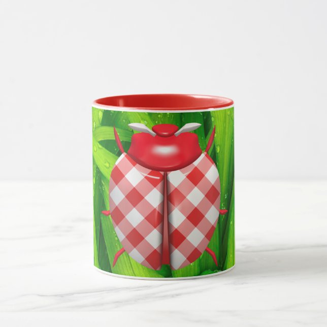 Ladybug Gras Gingham Karo niedlich Tasse (Zentrum)