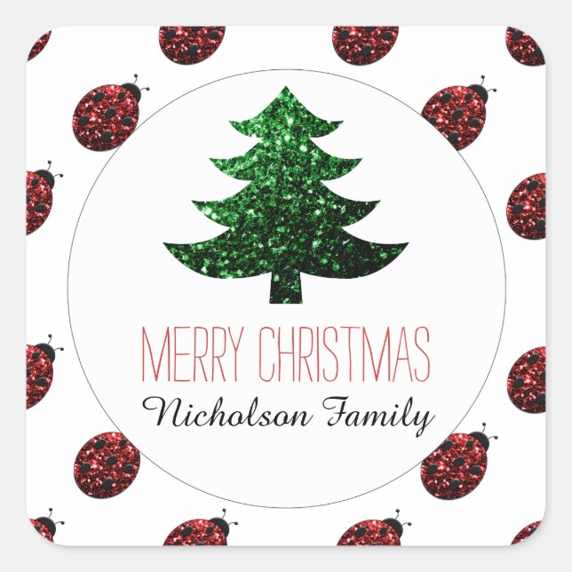 Ladybug + Grünen Weihnachtsbaum Glitzern Geschenkm Quadratischer Aufkleber (Vorderseite)