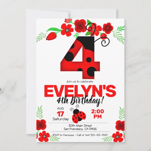 Ladybug Invitation pour le 4ème anniversaire (Devant)
