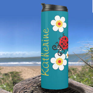 Ladybug Mädchen benennen in Aqua rot-weiß-gelb Thermosbecher