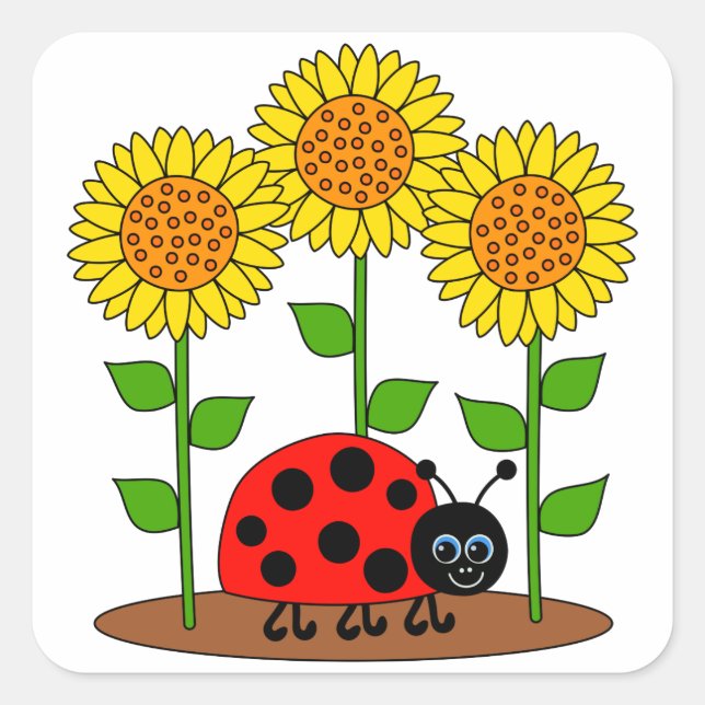 Ladybug mit Sonnenblumen Quadratischer Aufkleber (Vorderseite)