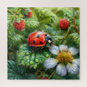 Ladybug Perched on Dew Covered Strawberry Pflanze