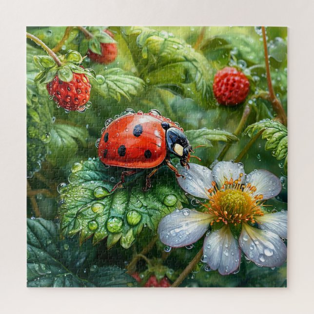 Ladybug Perched on Dew Covered Strawberry Pflanze (Vertikal)