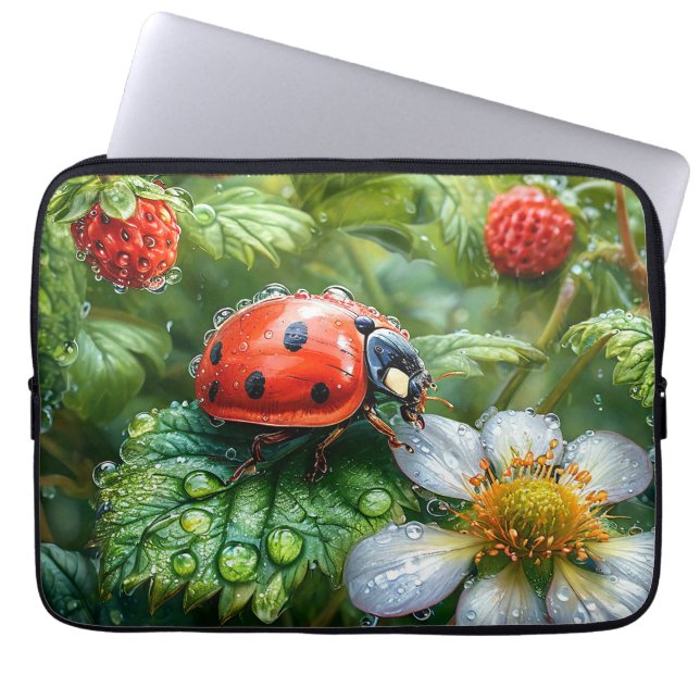 Ladybug Perched on Dew Covered Strawberry Pflanze Laptopschutzhülle (Vorderseite)