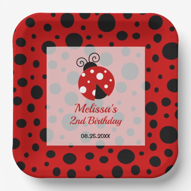 Ladybug Red Black Frame Polka Dots Kindergeburtsta Pappteller (Vorderseite)