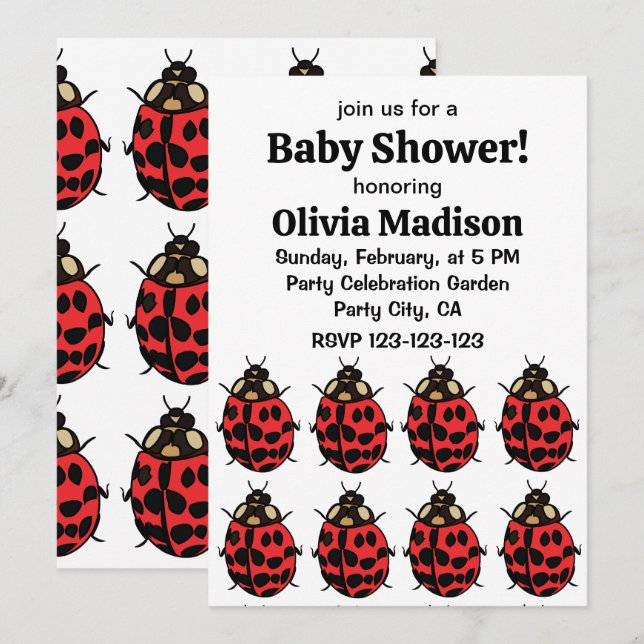 Ladybug Red Black Insect Ladybug Baby Girl Dusche Einladung (Vorne/Hinten)