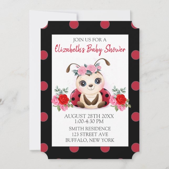 Ladybug Red Pink Flora Girl Kinderdusche Einladung (Vorderseite)