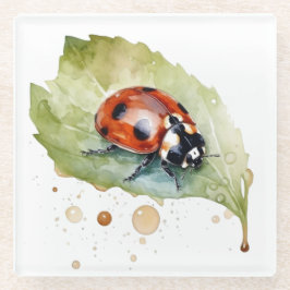 Ladybug sitzt auf einem Blatt in lebendiger Wasser Glasuntersetzer