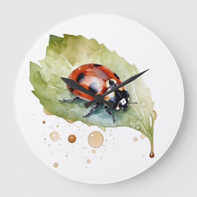 Ladybug sitzt auf einem Blatt in lebendiger Wasser Große Wanduhr (Vorderseite)