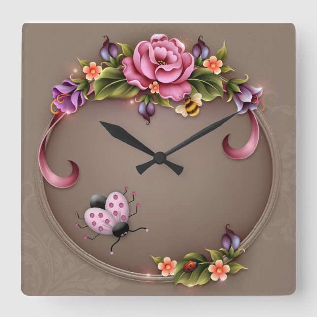 Ladybug Square Wall Clock Quadratische Wanduhr (Vorderseite)