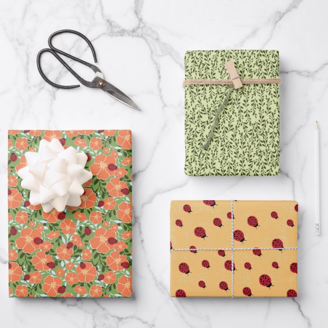 Ladybug Summer Floral Wrapping Paper Multi-Set Geschenkpapier Set (Vorderseite)