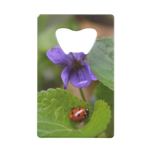 Ladybug über süße Violettsorten-Blume Geldbeutel Flaschenöffner