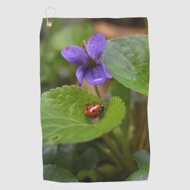 Ladybug über süße Violettsorten-Blume Golfhandtuch (Vorderseite)