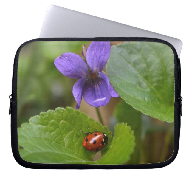 Ladybug über süße Violettsorten-Blume Laptopschutzhülle (Vorderseite)