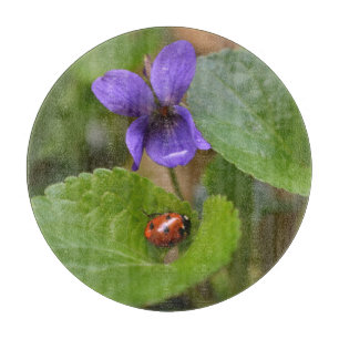Ladybug über süße Violettsorten-Blume Schneidebrett