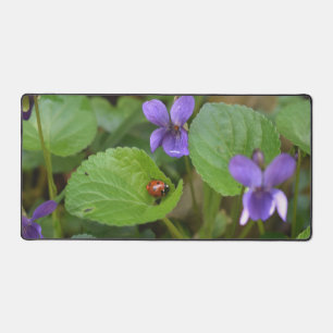 Ladybug über süße Violettsorten-Blume Schreibtischunterlage