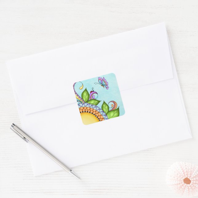 Ladybug und Butterfly Doodle Blume Quadratischer Aufkleber (Umschlag)