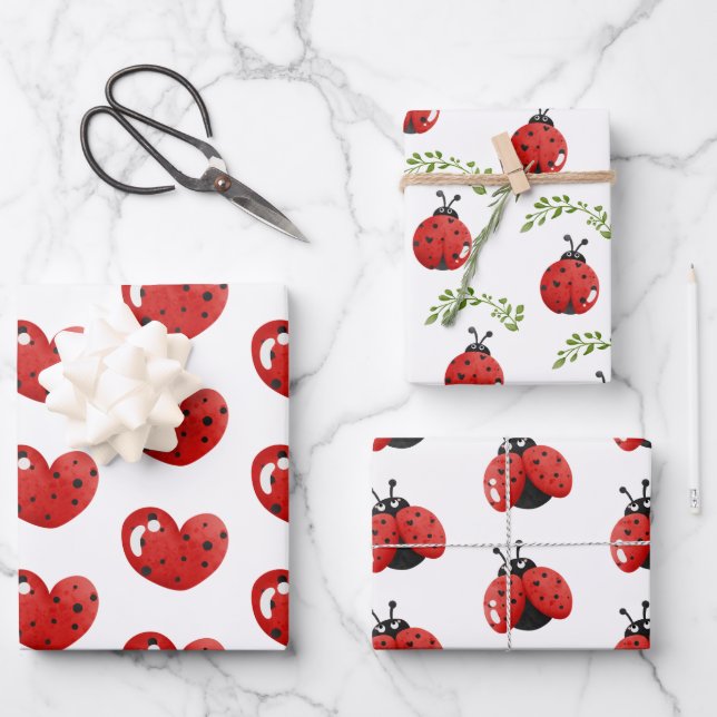 Ladybug und Herz Muster Geburtstag Geschenkpapier Set (Vorderseite)