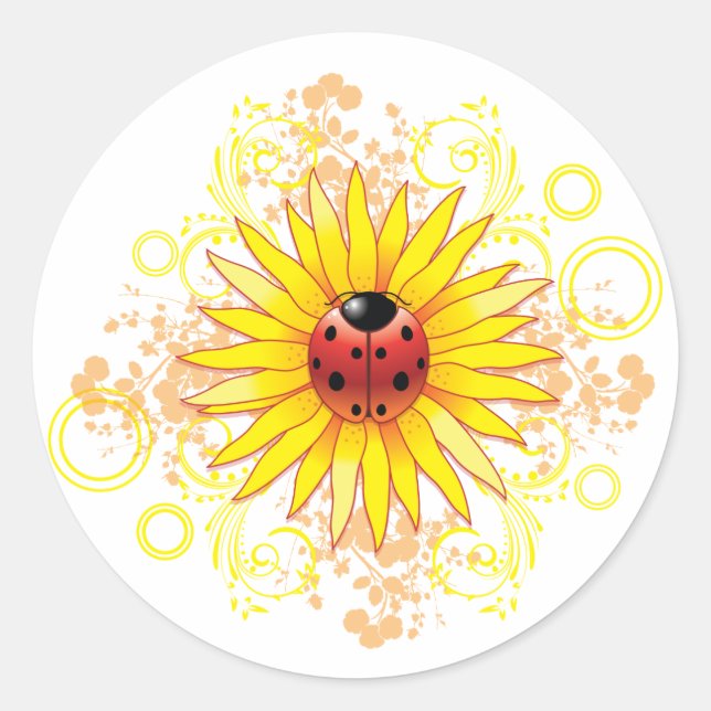 Ladybug und Sonnenblumenaufkleber Runder Aufkleber (Vorderseite)
