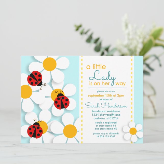 Ladybugs and Daisies Baby Shower Einladungen (Stehend Vorderseite)