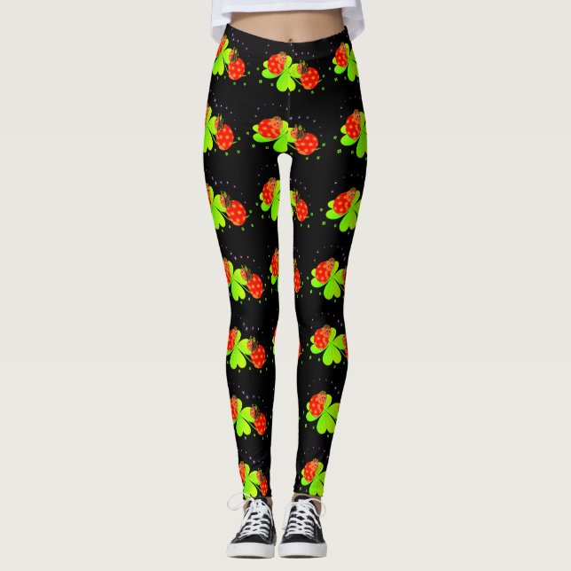 Ladybugs auf Kleeblatt Pattern Schwarze Leggings (Vorderseite)