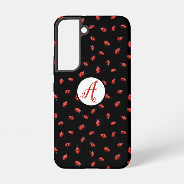 Ladybugs auf schwarzem Muster mit Initialen Samsung Galaxy Hülle (Rückseite)