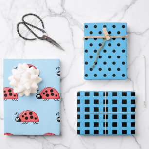 Ladybugs blaue und schwarze Punkte und Quadrate Geschenkpapier Set