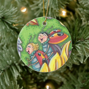 LADYBUGS, DIE AUF FALLENDEN AUTUMNSTÜCKEN REITEN,  KERAMIK ORNAMENT