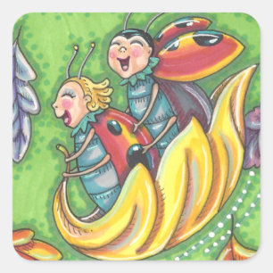 LADYBUGS, DIE AUF FALLENDEN AUTUMNSTÜCKEN REITEN, QUADRATISCHER AUFKLEBER