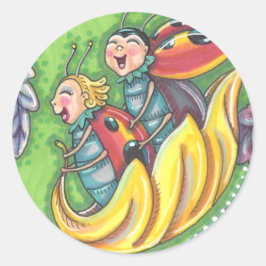 LADYBUGS, DIE AUF FALLENDEN AUTUMNSTÜCKEN REITEN,  RUNDER AUFKLEBER