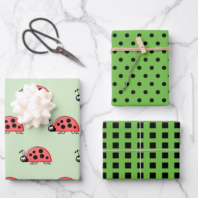 Ladybugs Limone und schwarze Punkte und Quadrate Geschenkpapier Set (Vorderseite)