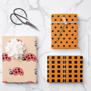 Ladybugs, orange und schwarze Punkte und Quadrate Geschenkpapier Set