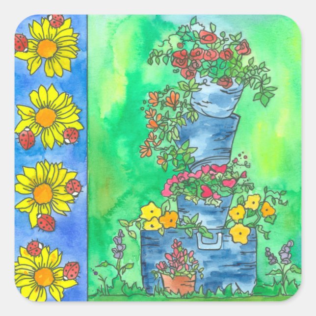 Ladybugs Sonnenblumen Eimer Wasserfarben Blume Quadratischer Aufkleber (Vorderseite)
