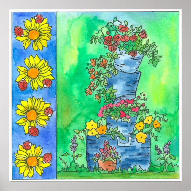 Ladybugs Sonnenblumen Rote Rosen Aquarellfarben Bl Poster (Vorne)