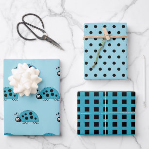 Ladybugs türkis und schwarz Punkte und Quadrate Geschenkpapier Set