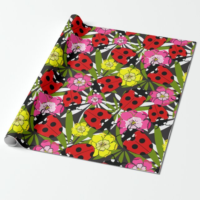 Ladybugs und Blume Hübsch Garteninsektenmuster Geschenkpapier (Ungerollt)