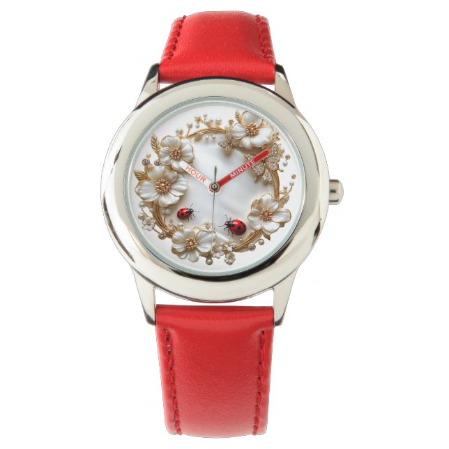 Ladybugs White Pearls Emamel Blume Gold Armbanduhr (Vorderseite)