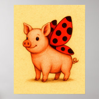 Ladypig Pig Wall Art, Ladybug Wings Pig Poster