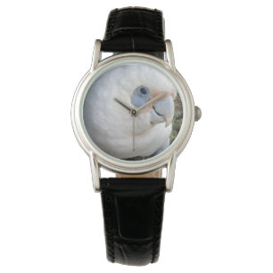 Ladys Cheeky White Cockatoo, Leather Wristwatch Armbanduhr