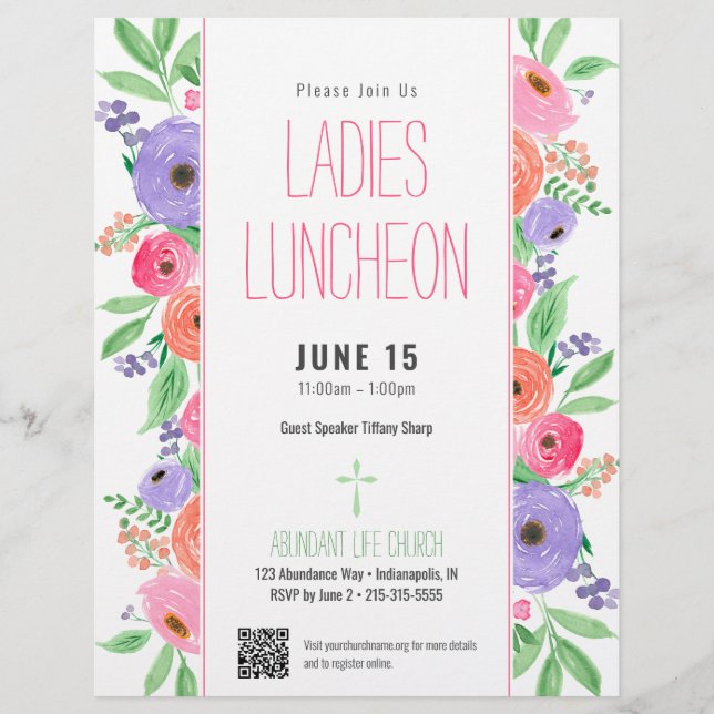 Ladys Church Luncheon Spring Floral QR Code Flyer (Vorne)
