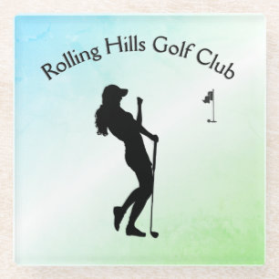 Ladys Golf Hole in einem grünen Unternehmen Glasuntersetzer