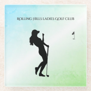 Ladys Golf Hole in einem grünen Unternehmen Glasuntersetzer