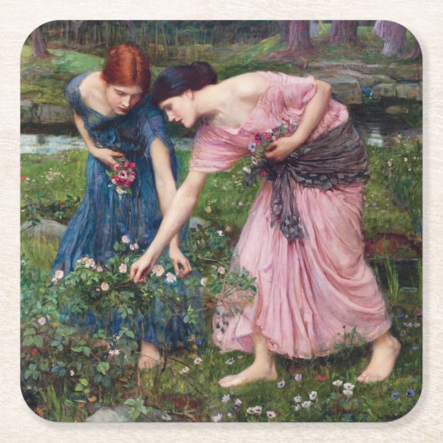 Ladys Picking Rose, John William Waterhouse Rechteckiger Pappuntersetzer (Vorderseite)