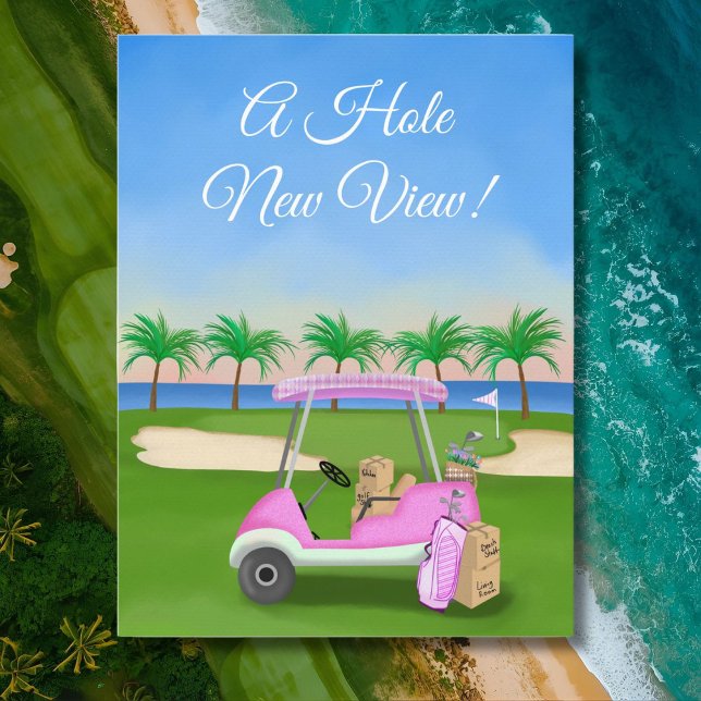 Ladys Pink Golf Cart Moving Boxes Beach Golf Ankündigungspostkarte (Von Creator hochgeladen)