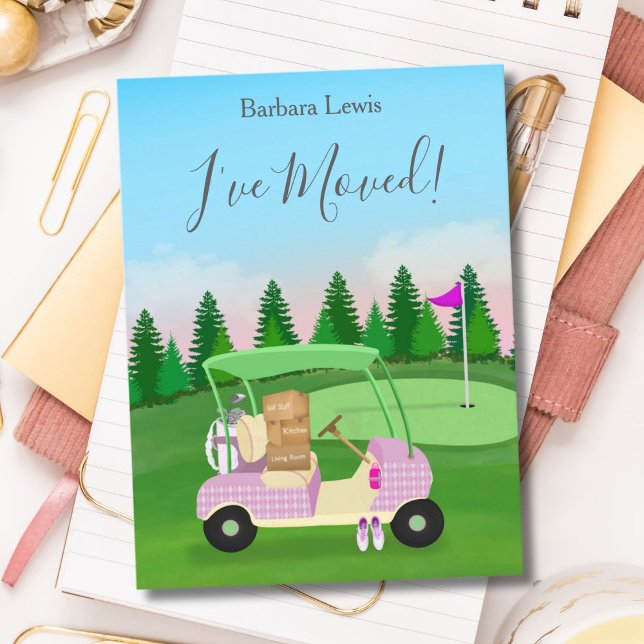 Ladys Pink Golf Cart Moving Boxes Golfplatz Ankündigungspostkarte (Von Creator hochgeladen)