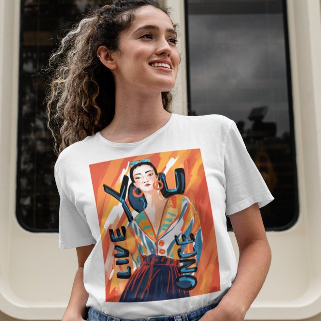 Ladys You Live Once Orange Blue Printed Graphic T-Shirt (A trendy T-shirt with big orange graphic fashion lady that says positive message "You Live Once".)