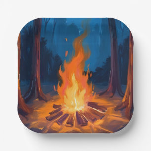 Lagerfeuer Mond Natur Aquarellmalerei Pappteller