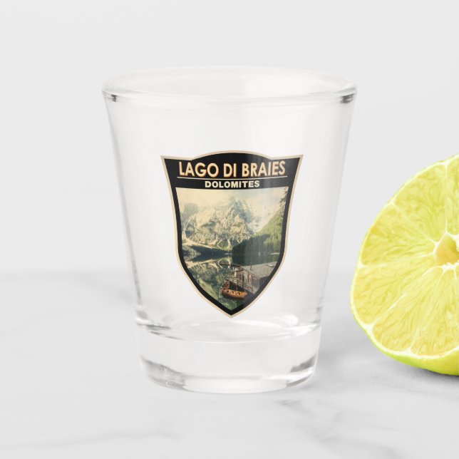 Lago di Braies Italien Reisen Kunst Vintag Schnapsglas (Vorderseite)